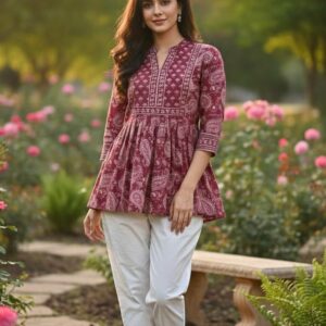 Pink Printed Anarkali Short Kurti Designer Kurtis For Women Indian Short Kurti Tops and Tees Women Short Kurti T-shirt For Women